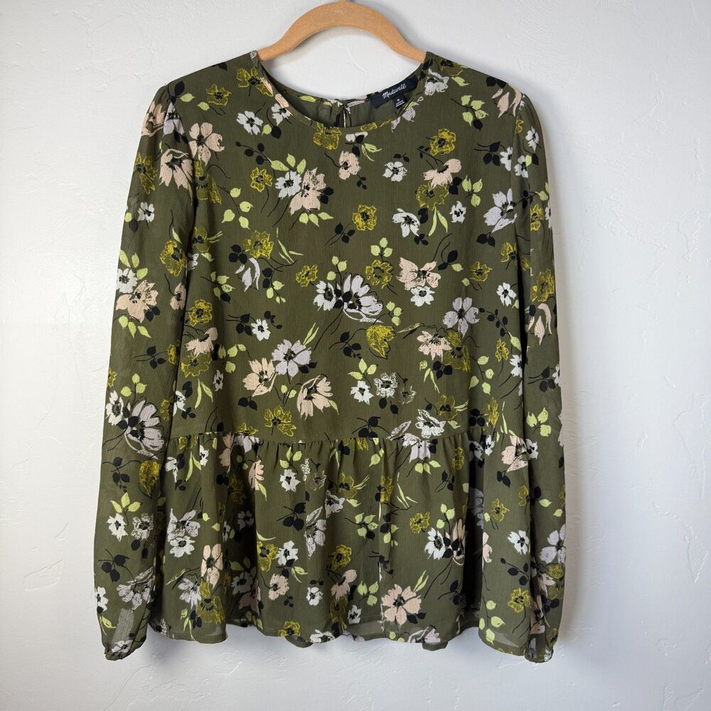 Madewell olive green floral print georgette peplum long sleeve top medium M boho